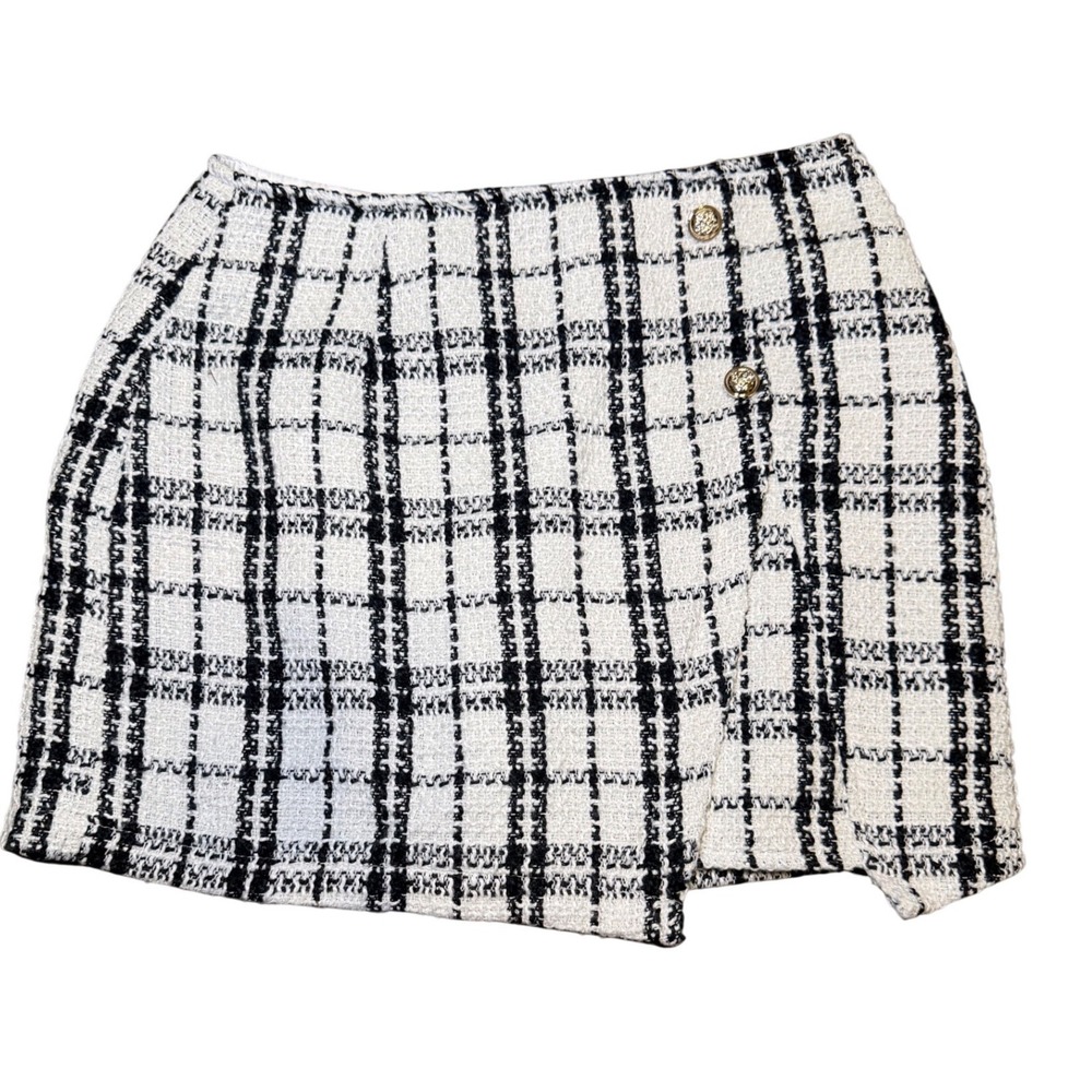 Black White Plaid Tweed Mini Skirt Gold Buttons Small